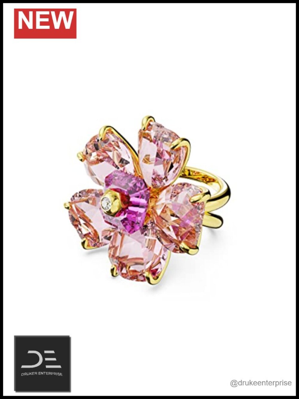 Swarovski Crystal Cocktail Ring Flower Motif Gold-Tone Double Band Size 5